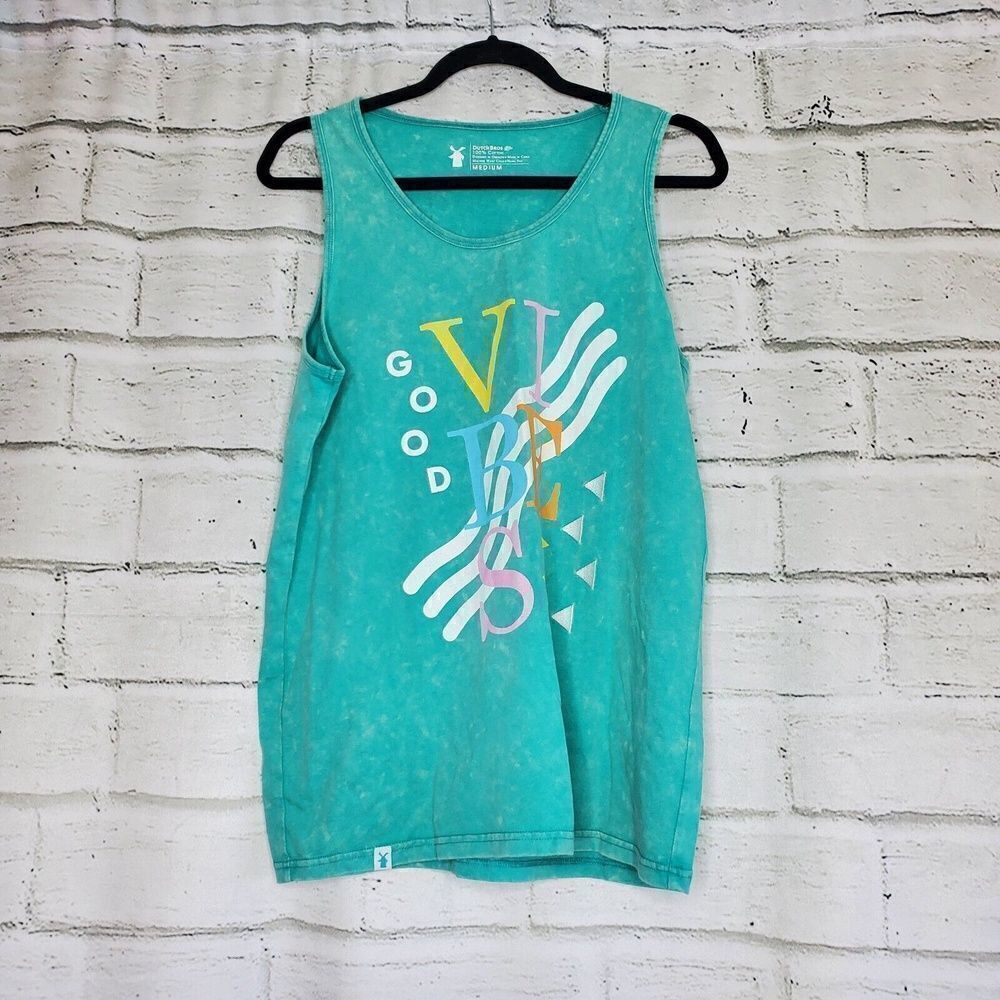 Dutch Bros Vibe Tank Top Mens Medium Mint Green Light Bleach Overall Wash Cotton